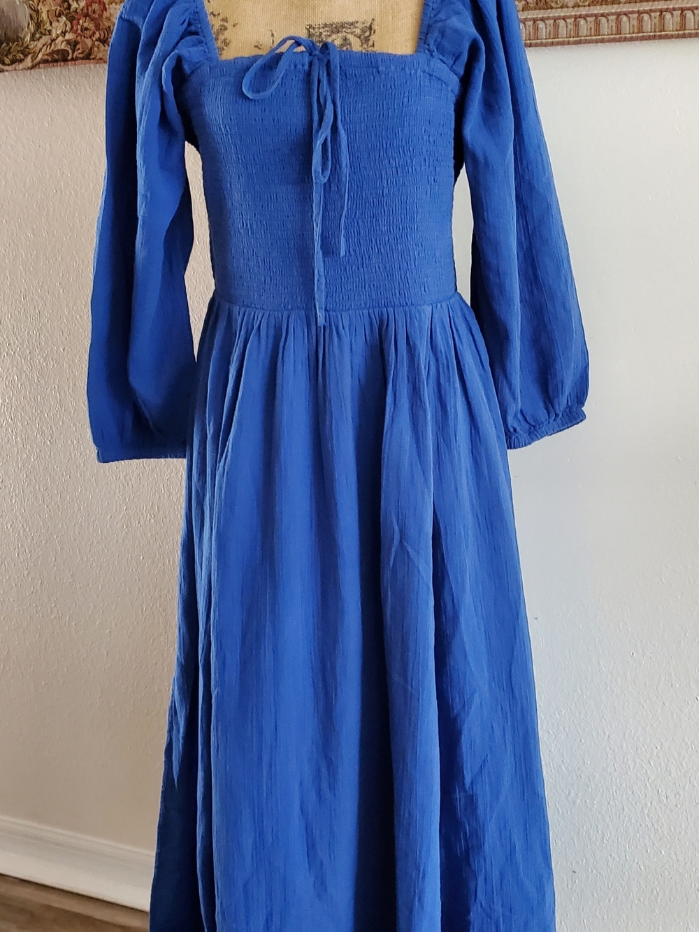 Quince Royal Blue Smocked Maxi Dress with Puff Sleeves L